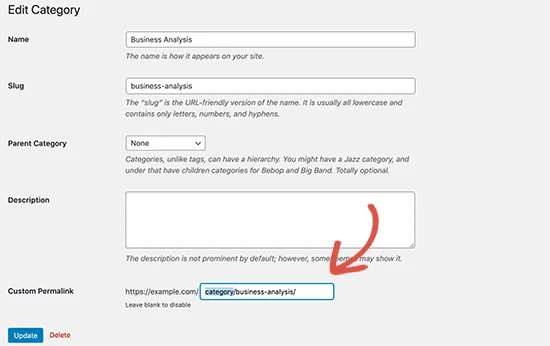Editing the category permalink