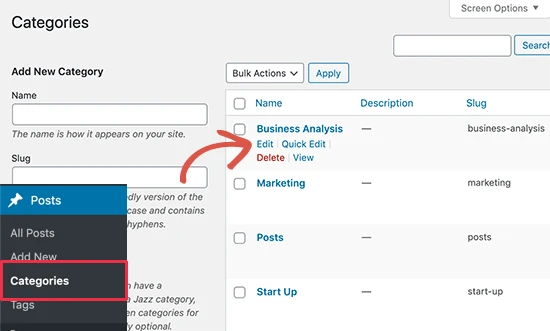 Editing a category details in WordPress